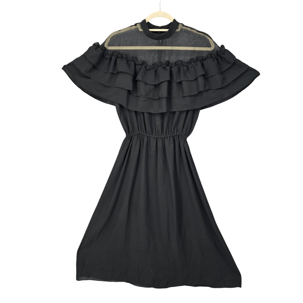 Vintage Black Ruffle Tiered Midi Dress Sheer Mesh Mock Neck Elastic Waist Sz 12